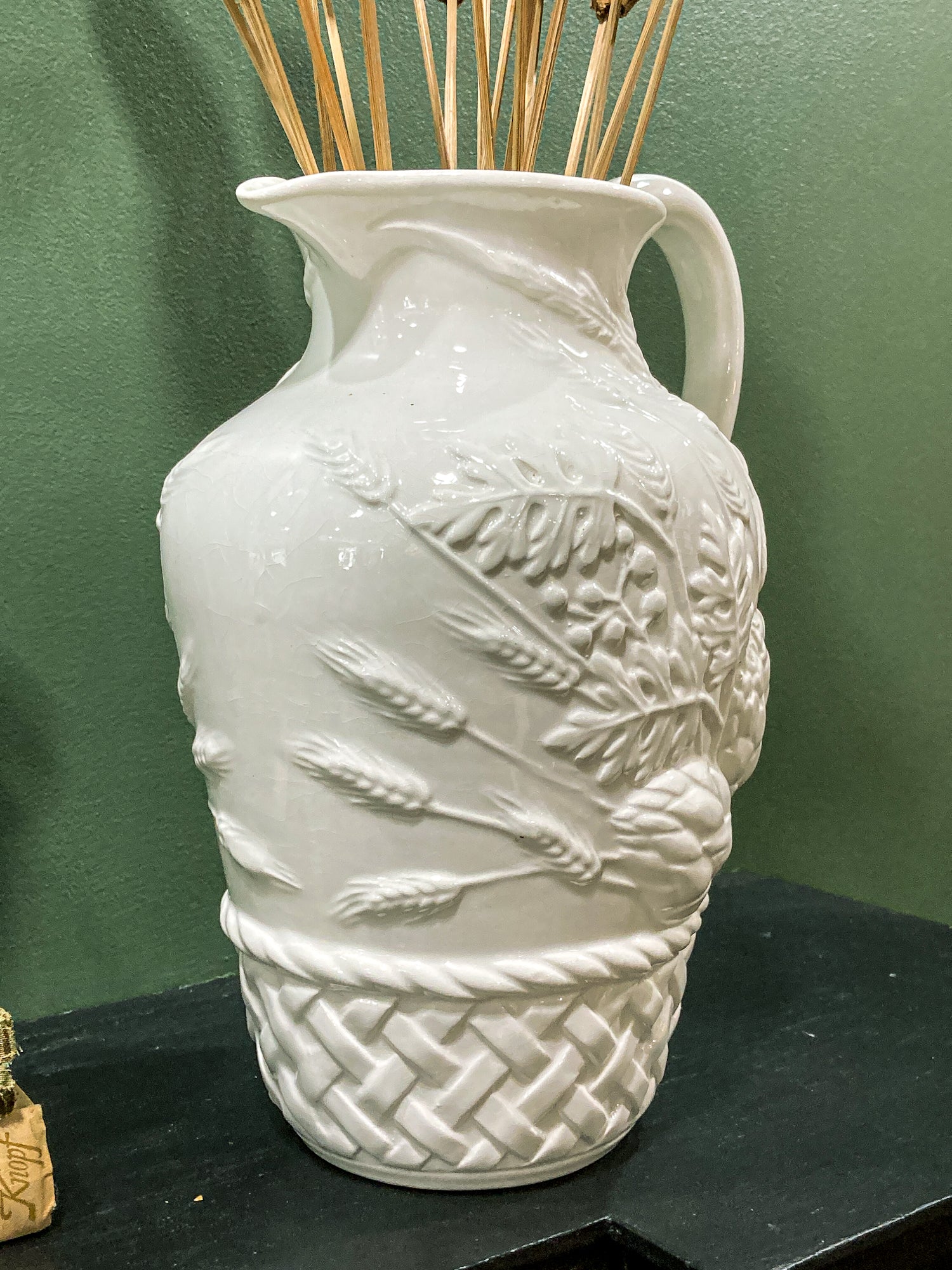 Williams Sonoma Italy Botanical Basket Motif White Ceramic Water Pitcher
