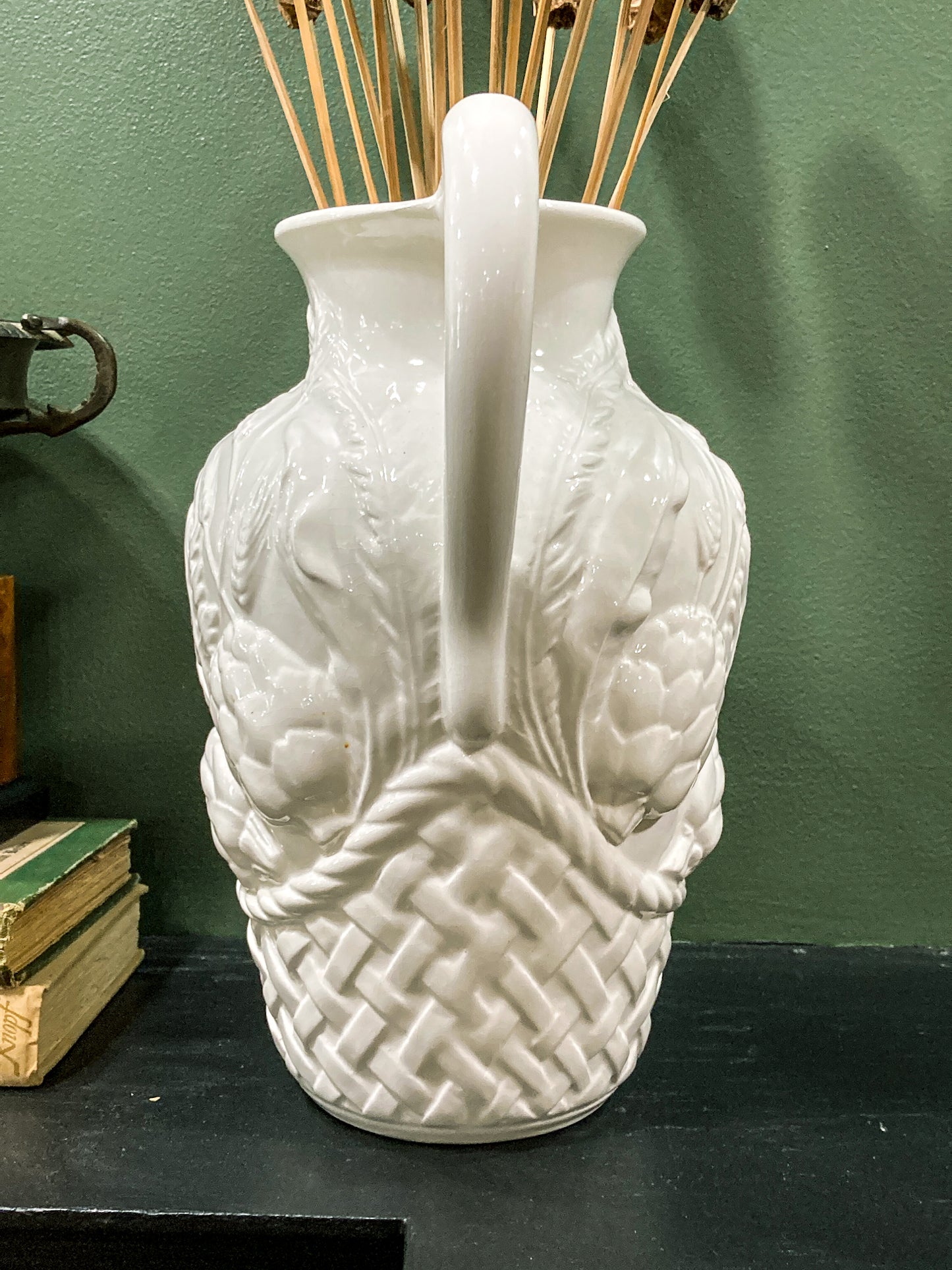 Williams Sonoma Italy Botanical Basket Motif White Ceramic Water Pitcher