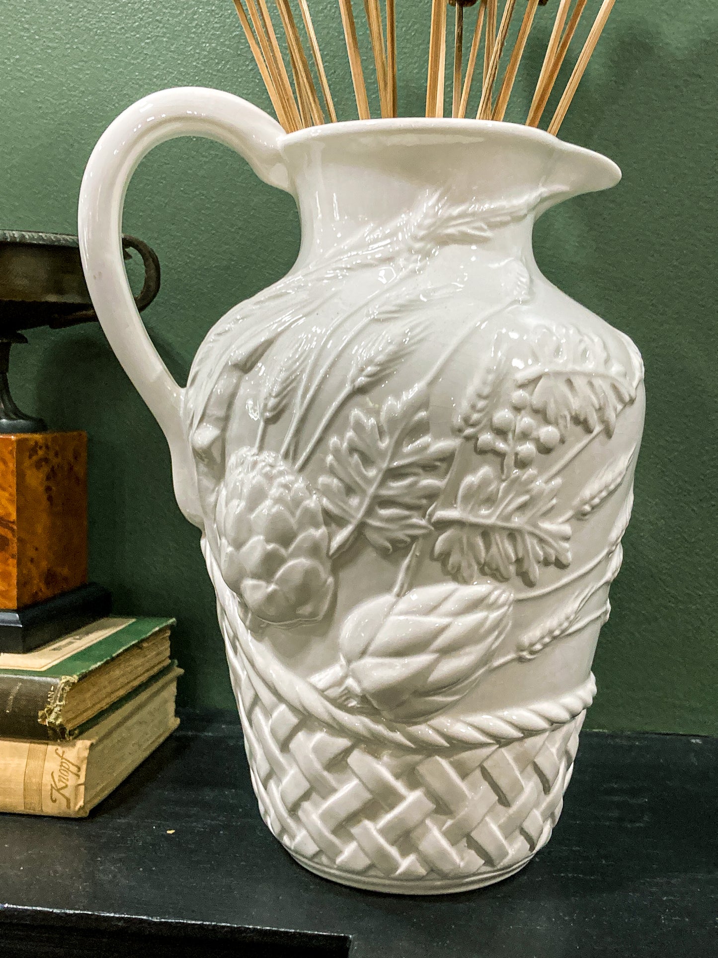 Williams Sonoma Italy Botanical Basket Motif White Ceramic Water Pitcher
