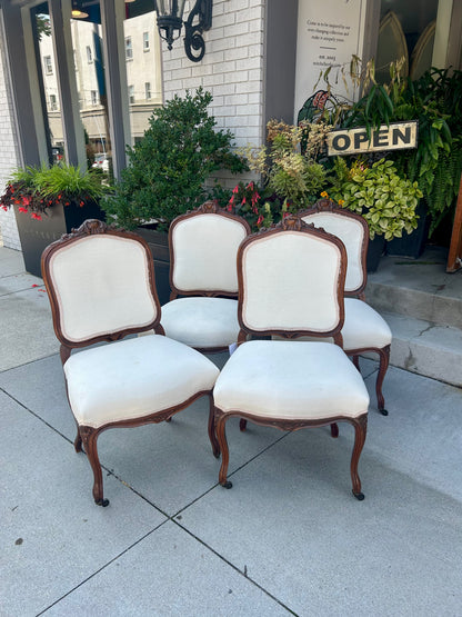 Four Antique Victorian Hand-Carved Wooden Upholstered Dining Chairs