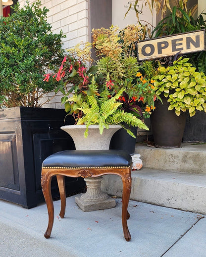 Vintage Black Leather Nail Head Trim Carved Wooden Leg Foot Stool