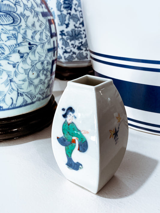 Vintage Hand Painted White Porcelain Bowed Cabinet Vase Japan 1950s