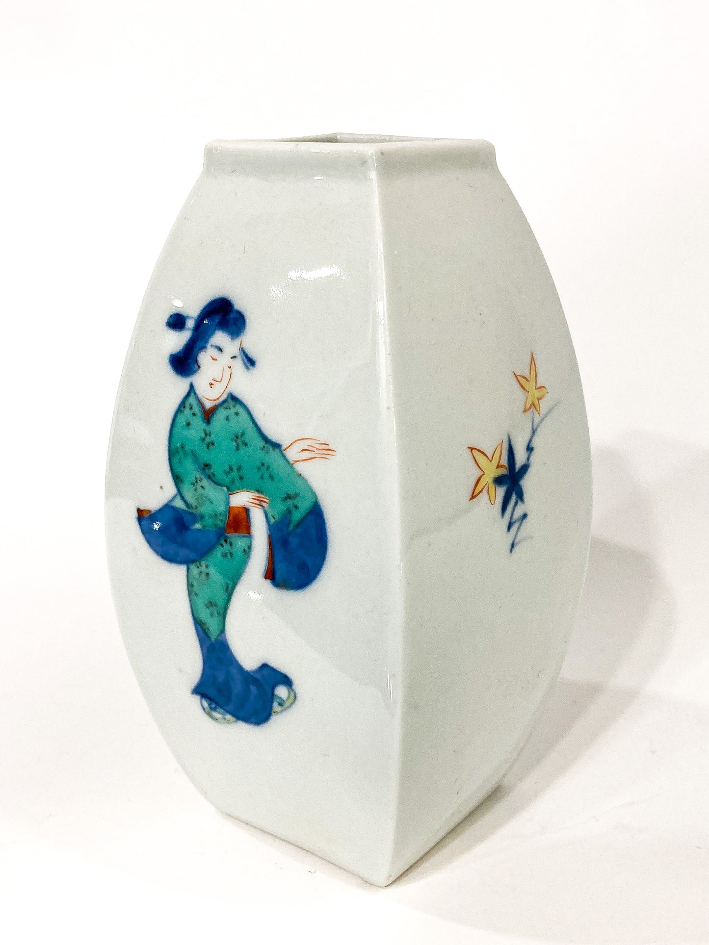 Vintage Hand Painted White Porcelain Bowed Cabinet Vase Japan 1950s Side 1