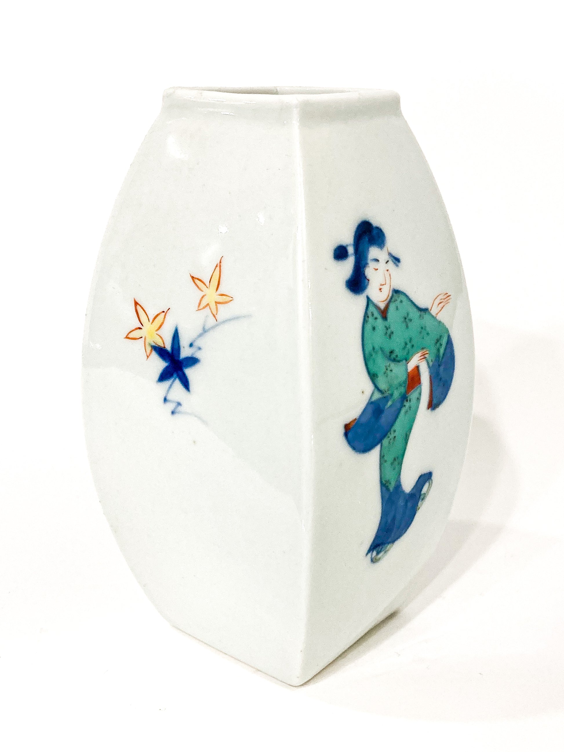 Vintage Hand Painted White Porcelain Bowed Cabinet Vase Japan 1950s Side 4