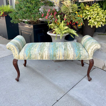 Vintage Abstract Green Blue Upholstered Carved Wood Leg Knee Bench