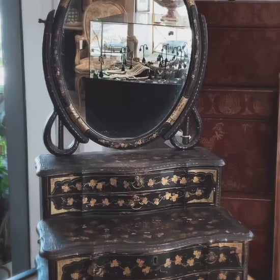 Antique 19th Century Japanese Geisha Style Black Lacquer Hand Painted Vanity