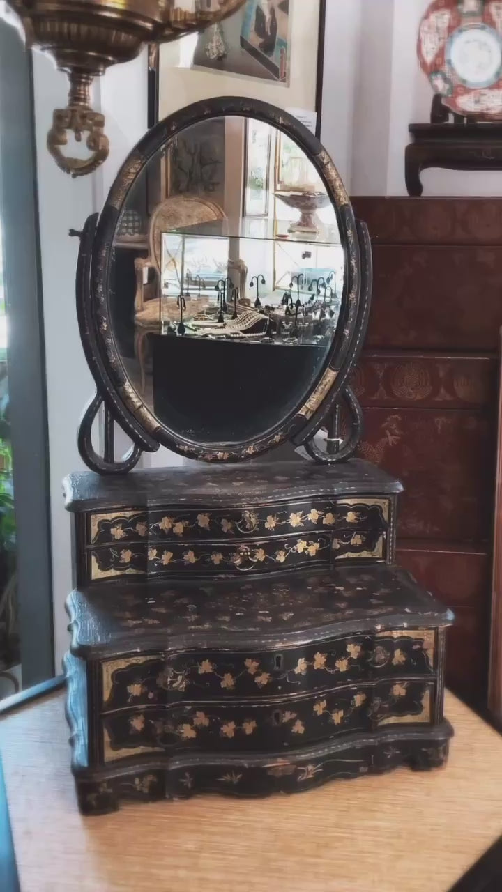 Antique 19th Century Japanese Geisha Style Black Lacquer Hand Painted Vanity