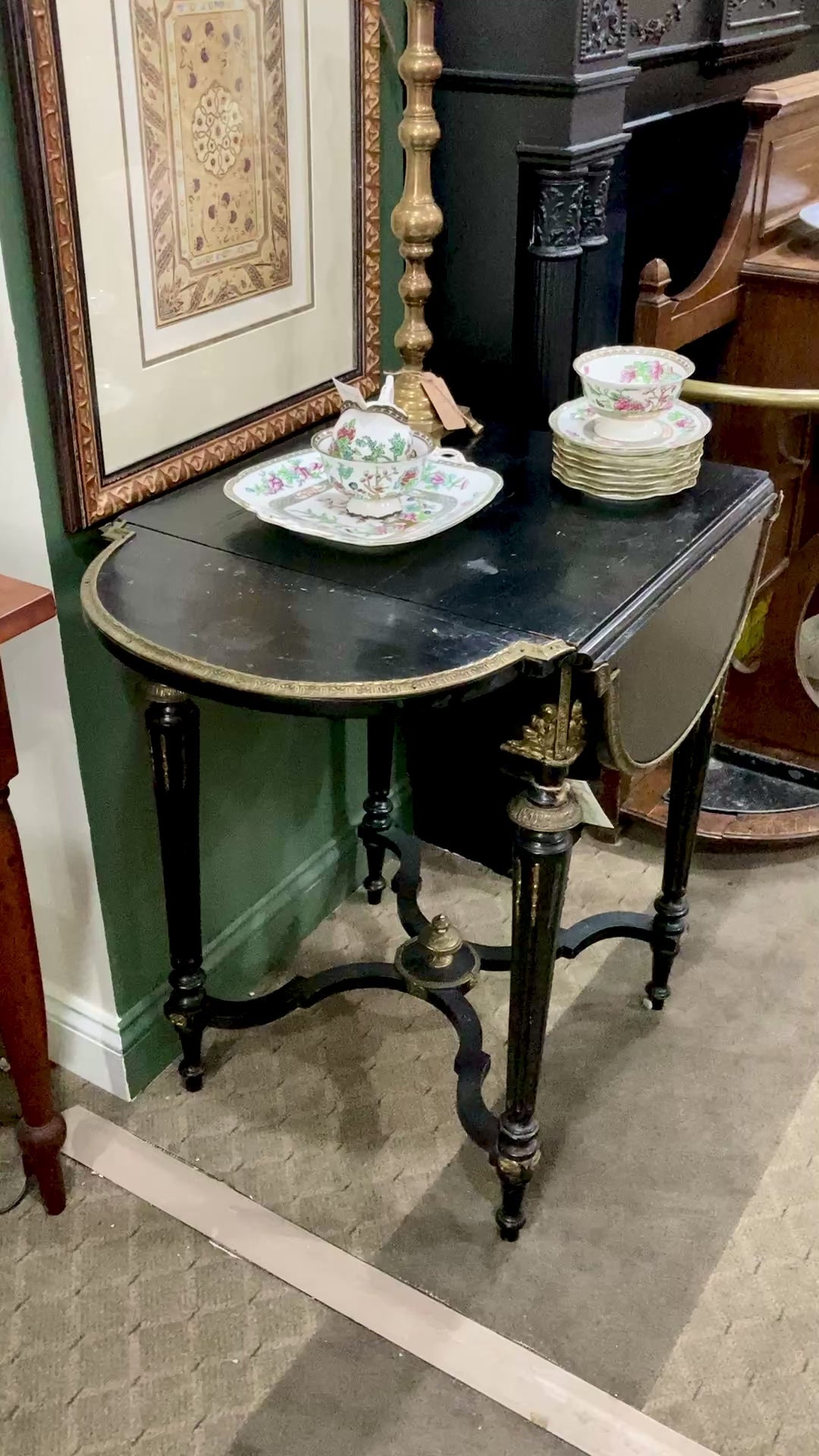 Antique 19th Century French Napoleon III Black Quatrefoil Drop Leaf Square Side Table