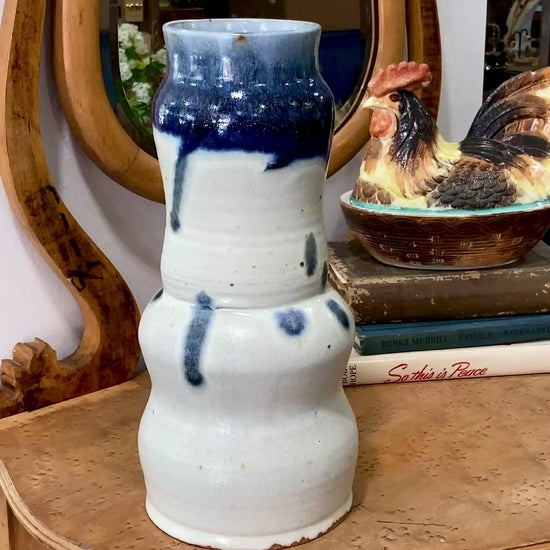 Speckled Blue Off-White Hand Potted Studio Ceramic Tall Hourglass Vase
