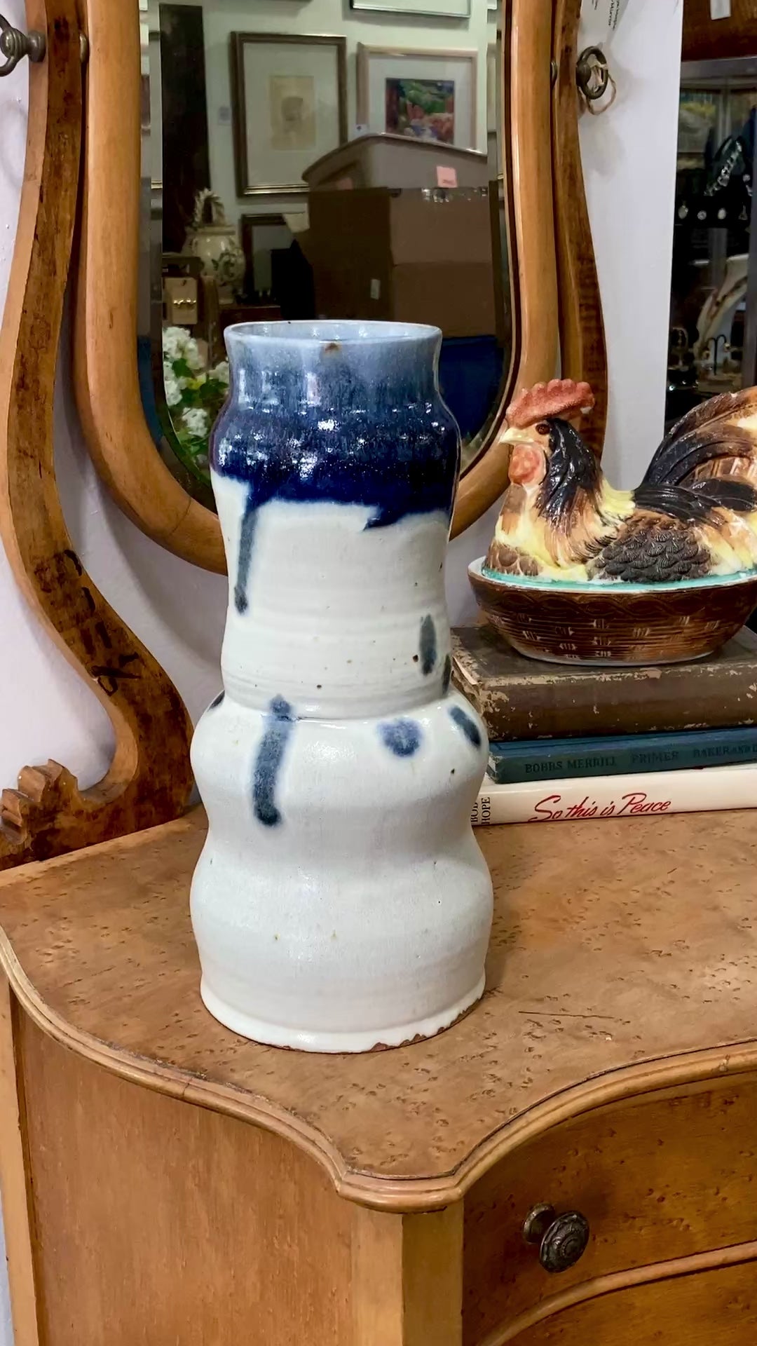 Speckled Blue Off-White Hand Potted Studio Ceramic Tall Hourglass Vase