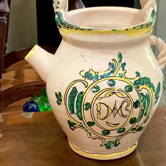 Antique Talavera Hand Painted Green Yellow Ceramic Olive Oil Water Jug Video