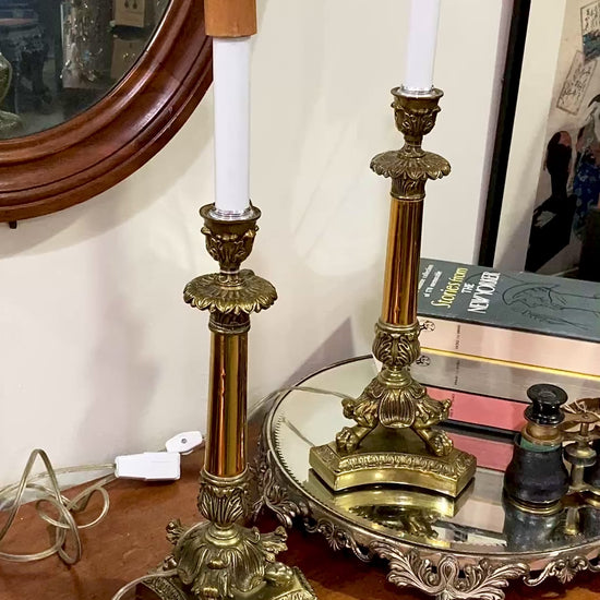 Pair Antique 19th Century French Gilt Bronze Candlestick Converted Table Lamps