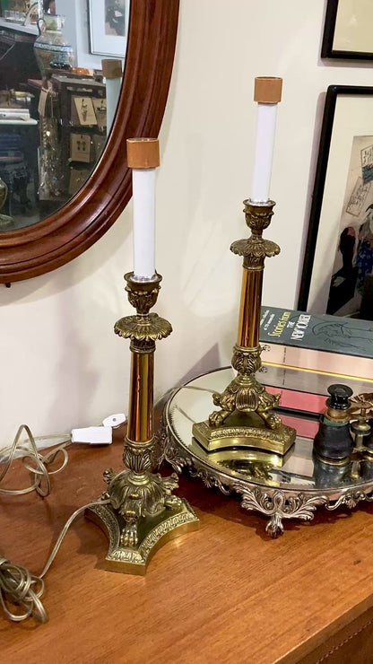 Pair Antique 19th Century French Gilt Bronze Candlestick Converted Table Lamps