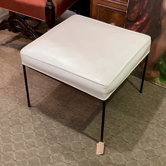 Vintage 1960s Paul McCobb White Leather Iron Leg Square Foot Stool Ottoman