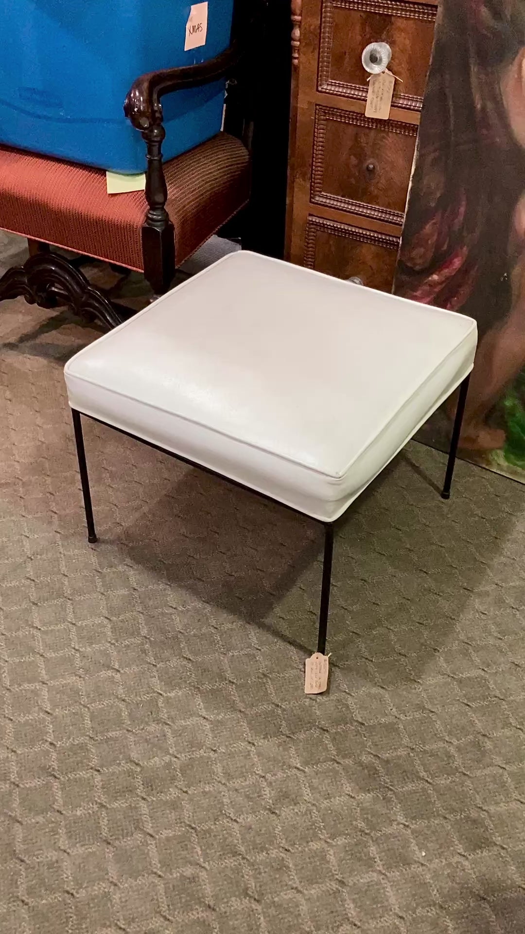 Vintage 1960s Paul McCobb White Leather Iron Leg Square Foot Stool Ottoman
