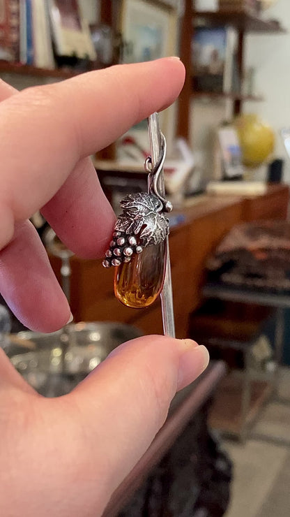 Vintage Sterling Silver Amber Drop Grapes Leaves Brooch Bar Pin