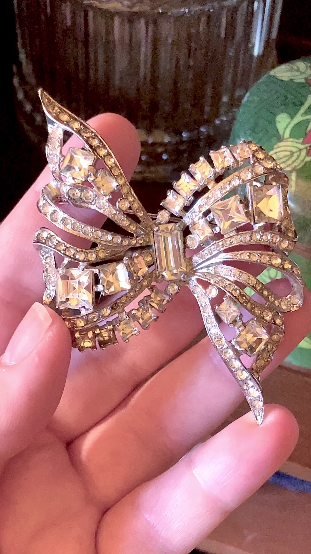 Vintage Coro Sterling Silver Clear Glass Rhinestone Asymmetric Bow Brooch Pin video