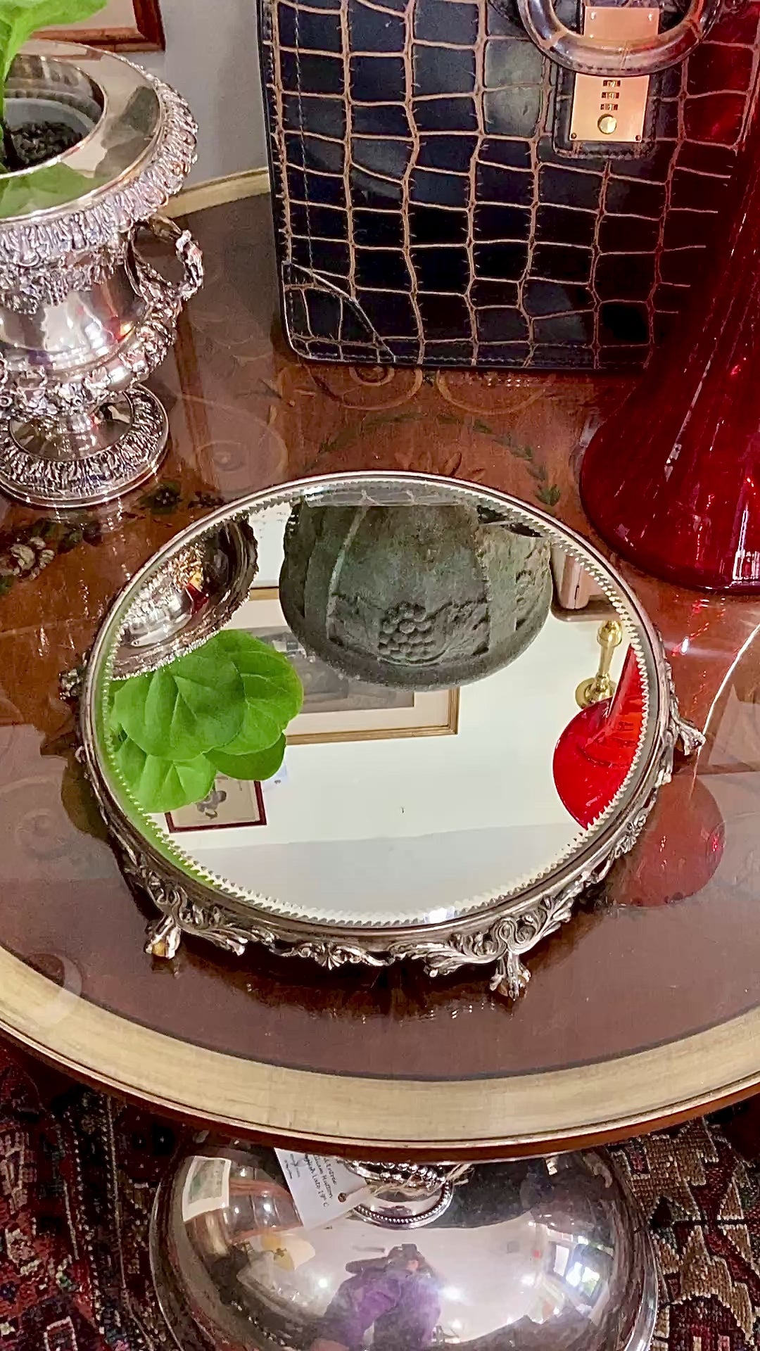 Antique Victorian Silver Plated Marble Claw Footed Plateau Mirrored Tray