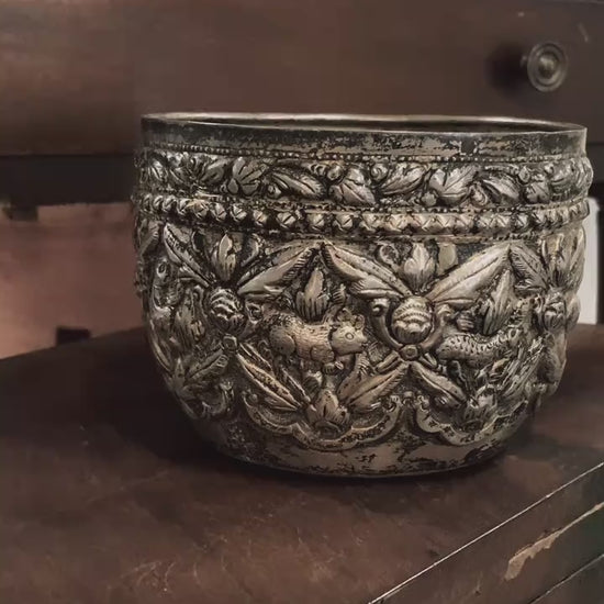 Vintage Handmade Animal Motif Burmese Silver Repoussé Bowl