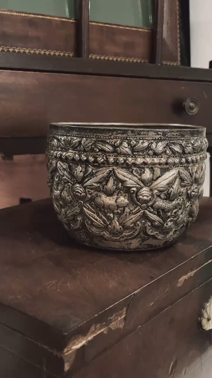 Vintage Handmade Animal Motif Burmese Silver Repoussé Bowl