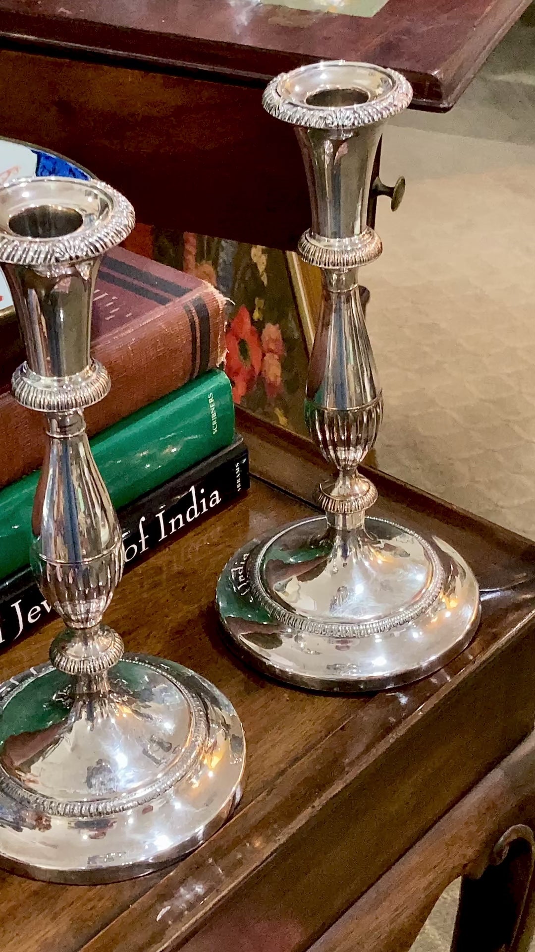 Pair 20th Century Georgian Style Silver-Plated Tall Weighted Candlesticks Video