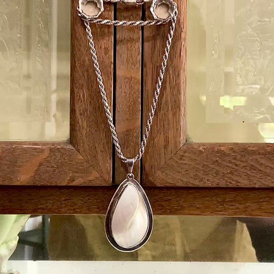 Vintage Sterling Silver Mother of Pearl Shell Large Teardrop Pendant Necklace