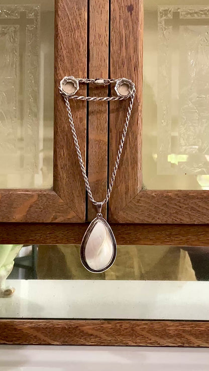 Vintage Sterling Silver Mother of Pearl Shell Large Teardrop Pendant Necklace