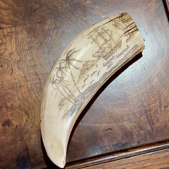 Vintage Scrimshaw Nautical Theme Resin Reproduction Faux Whale Tooth