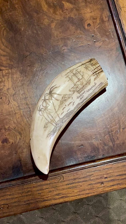 Vintage Scrimshaw Nautical Theme Resin Reproduction Faux Whale Tooth
