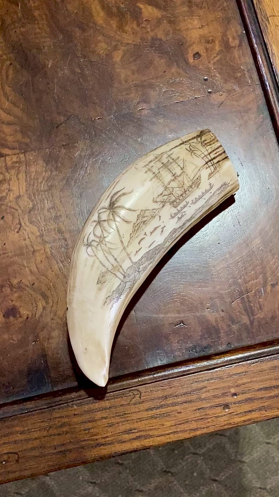 Vintage Scrimshaw Nautical Theme Resin Reproduction Faux Whale Tooth