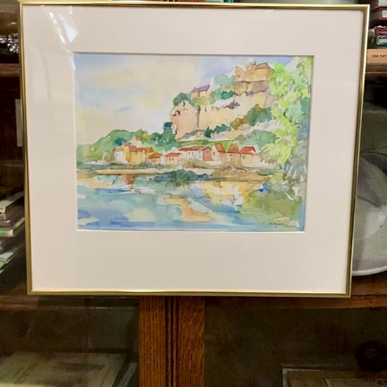 20th Century Colorful Italian Seaside Castle Landscape Framed Watercolor Painting