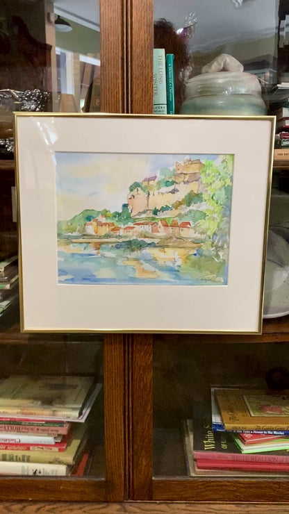20th Century Colorful Italian Seaside Castle Landscape Framed Watercolor Painting