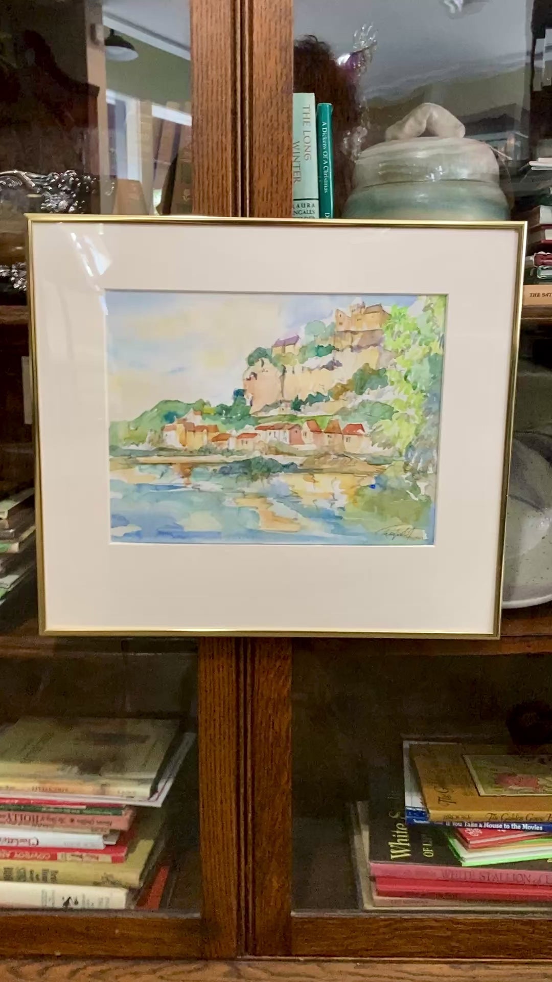 20th Century Colorful Italian Seaside Castle Landscape Framed Watercolor Painting