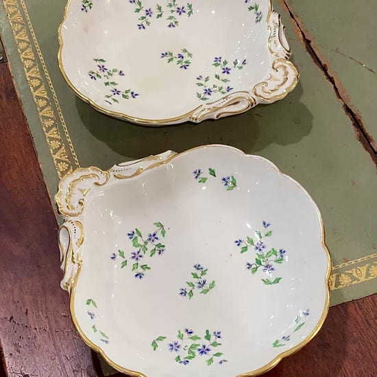 Antique Pair 1820 Shell-Shaped Blue Flower Gilt English Porcelain Bowls