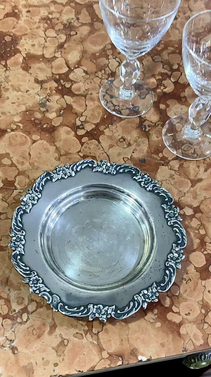 Vintage 1950s Sterling Silver American Floral Rim Wine Coaster Dish