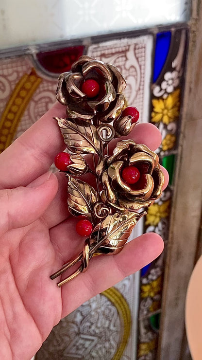 Vintage Large 1940s Trifari Floral Gold Tone Red Faux Stone Fur Clip Brooch