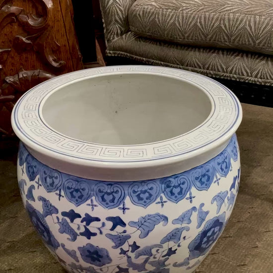 Classic Contemporary Blue White Floral Chinese Porcelain Raised Planter Pot