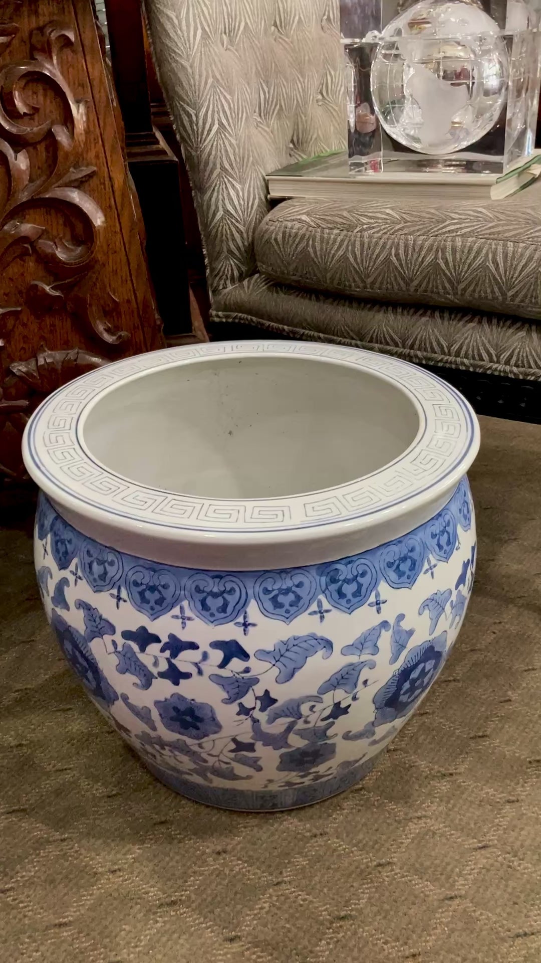 Classic Contemporary Blue White Floral Chinese Porcelain Raised Planter Pot