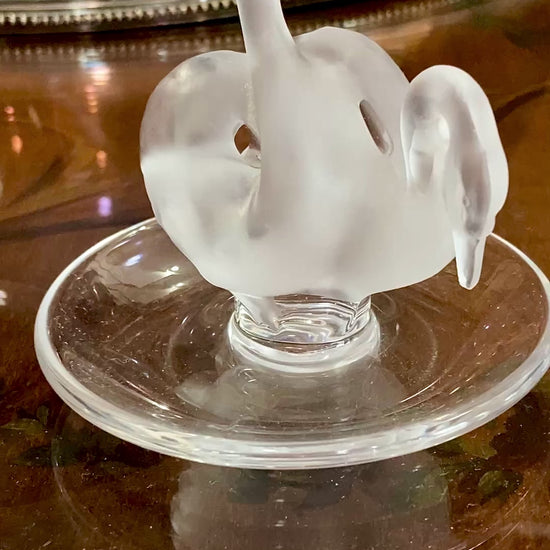 Vintage Lalique France Clear Frosted Crystal Two Swans Ring Dish