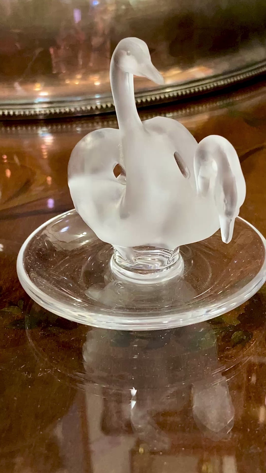 Vintage Lalique France Clear Frosted Crystal Two Swans Ring Dish