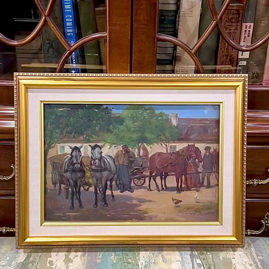 Antique Late 19th Century Continental Framed Horses Oil on Artist Board Painting