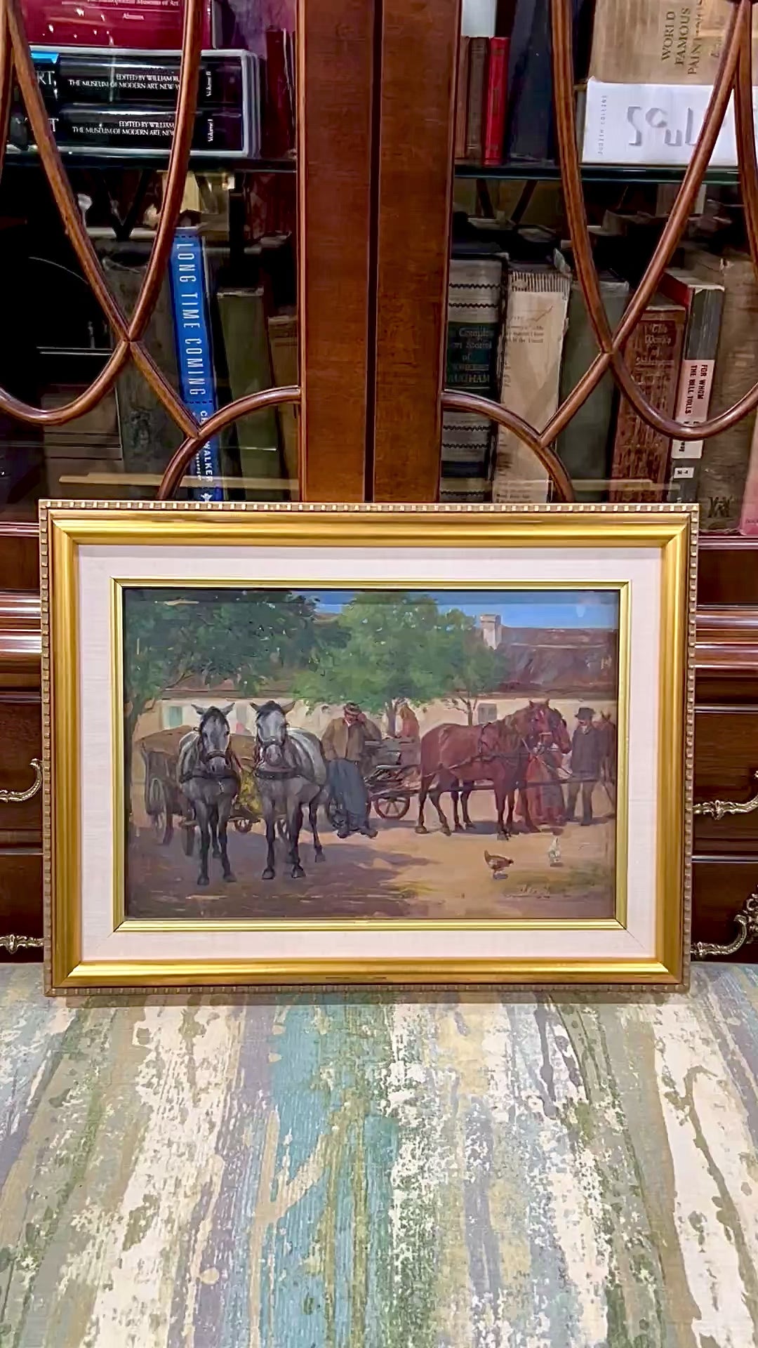 Antique Late 19th Century Continental Framed Horses Oil on Artist Board Painting