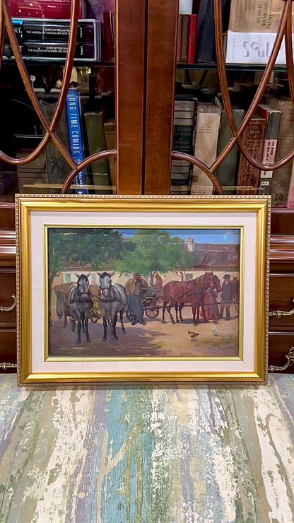 Antique Late 19th Century Continental Framed Horses Oil on Artist Board Painting