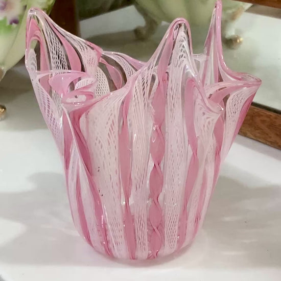 Vintage 1960s Murano Zanfirico Pink White Lattice Ribbon Glass Bowl Vase