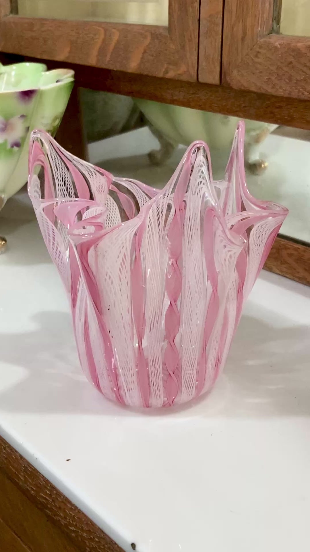 Vintage 1960s Murano Zanfirico Pink White Lattice Ribbon Glass Bowl Vase