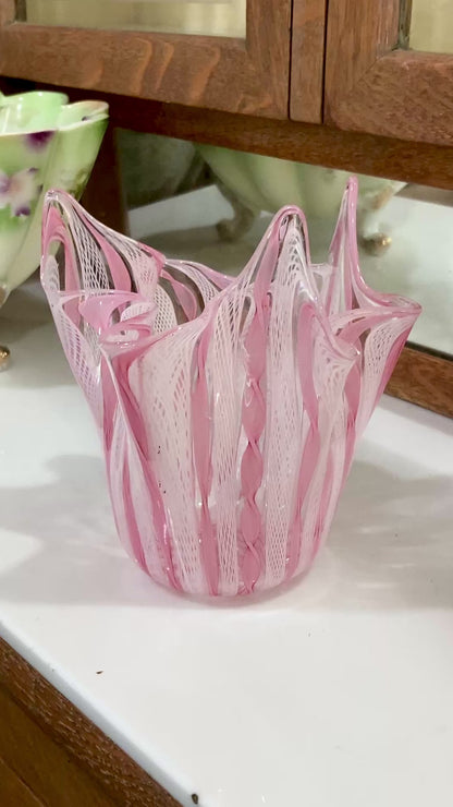 Vintage 1960s Murano Zanfirico Pink White Lattice Ribbon Glass Bowl Vase