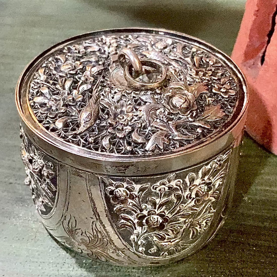 20th Century Round India Floral Bird Repoussé Openwork Silver Trinket Box