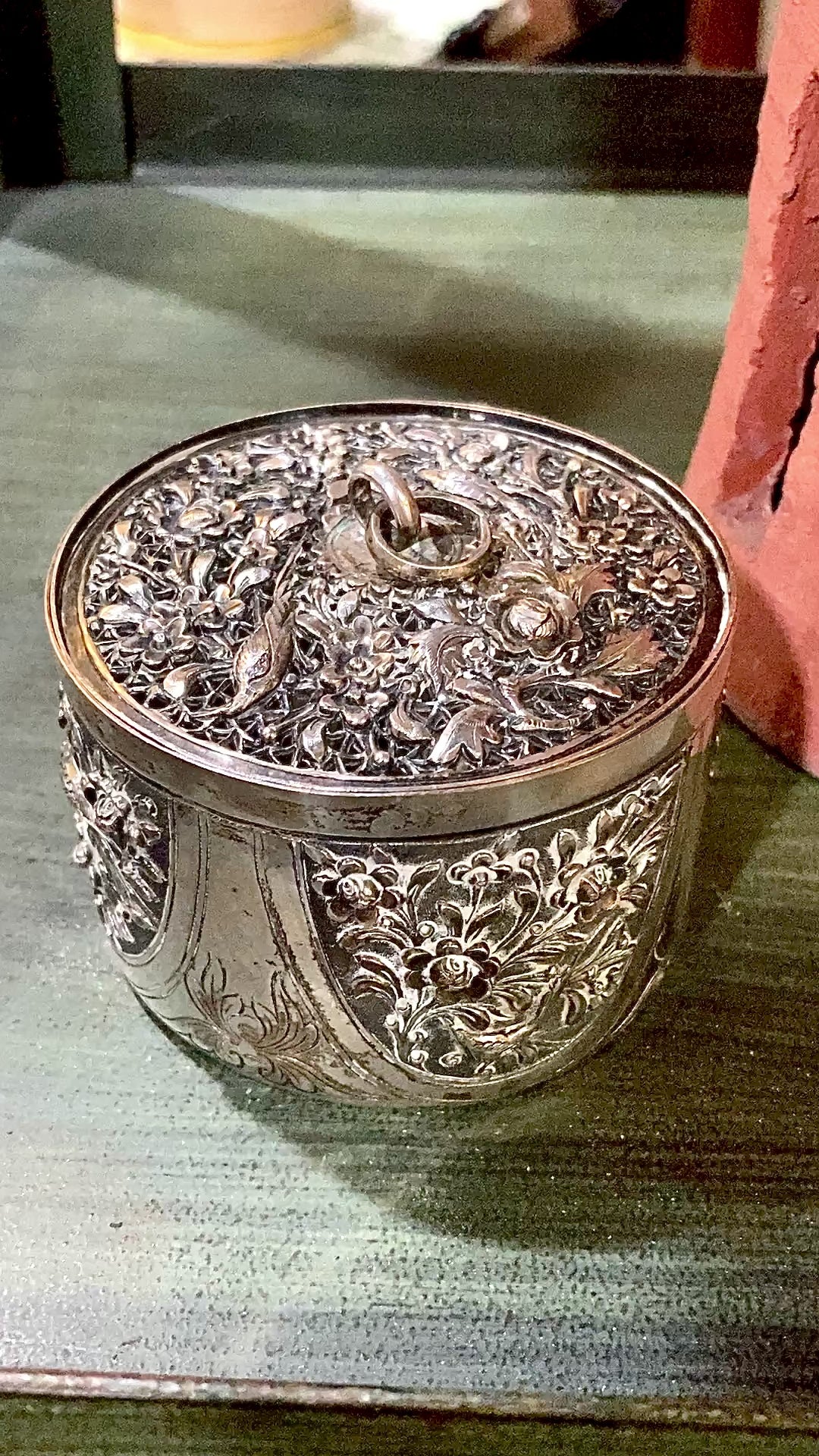 20th Century Round India Floral Bird Repoussé Openwork Silver Trinket Box