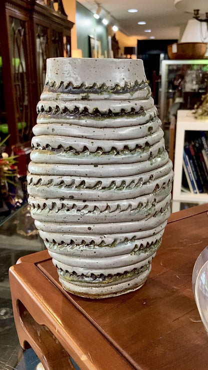 Vintage MCM Speckled Blue Green Tall Textural Handmade Ceramic Coil Vase