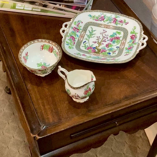 Antique Coalport Indian Tree Three Piece Cream Sugar Serving Tray Porcelain Set